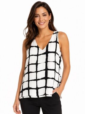 ADAM LIPPES Cream & Black Striped Sleeveless V-Neck Tunic Blouse XS NWT